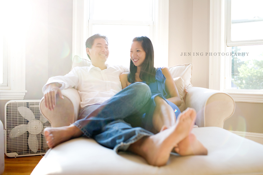 Cambridge apartment engagement session - couple on couch