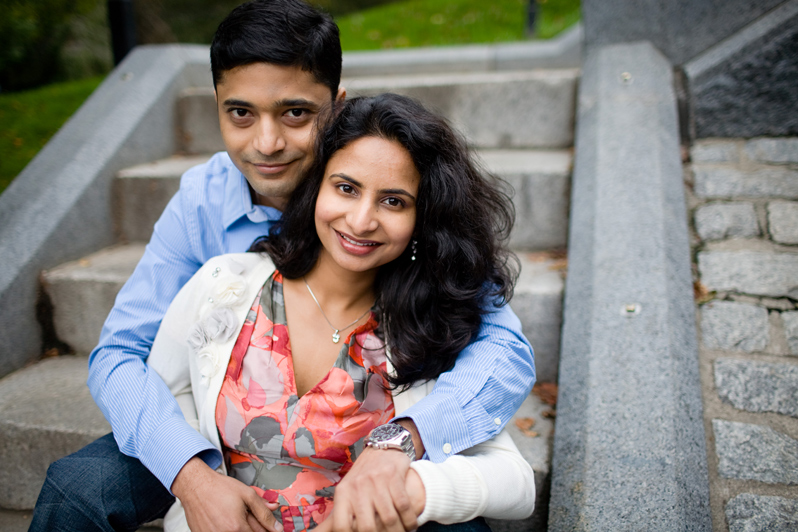 Fall engagement session in Boston - couple on steps in the Public Garden
