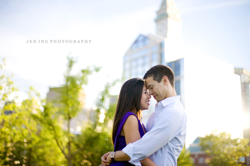 Christopher Columbus park engagement session in Boston, MA - couple in sun