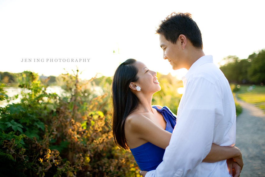 Charles River engagement session - couple in sun