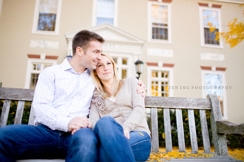 Fall engagement session - Amy and Ted on bench