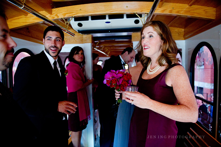 Boston wedding photography - bridal party on trolley