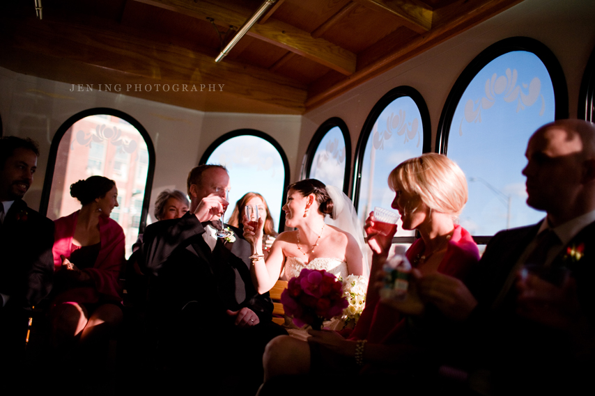 Boston wedding photography - bridal party on trolley
