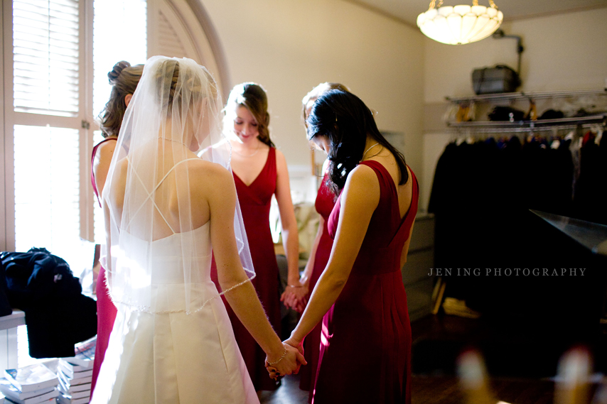 Park Street Church wedding photography - bride and bridesmaids in prayer