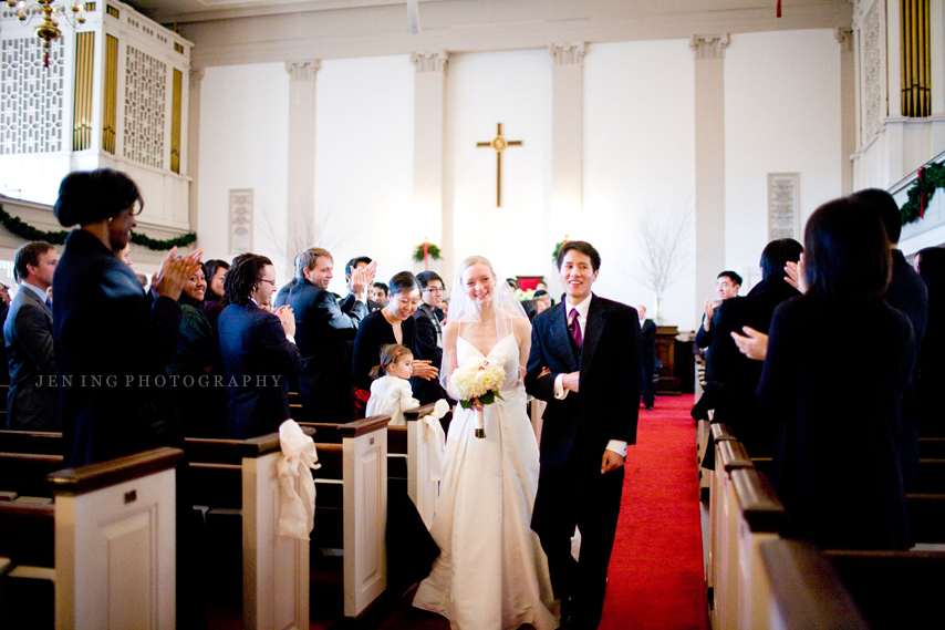 Park Street Church wedding photography - bride and groom walking down aisle
