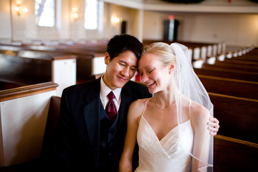 Park Street Church wedding photography - bride and groom portraits in pews