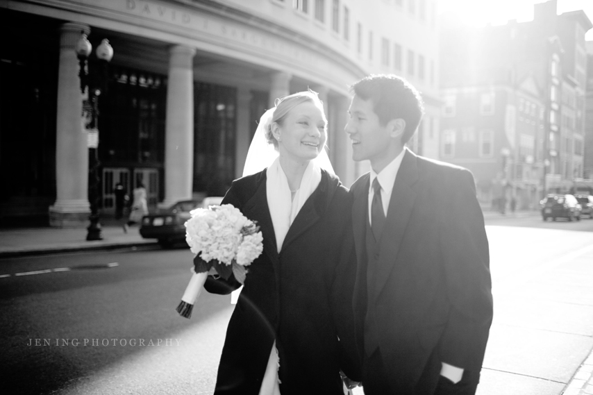 Winter wedding photography in Boston, MA - bride and groom walking 