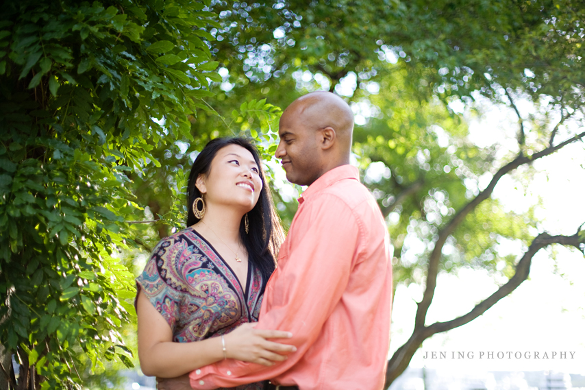 Christopher Columbus Park engagement session photography in Boston, MA - couple against trees