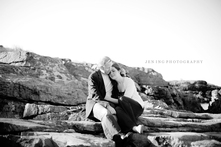 Nahant beach engagement session - couple on rocks