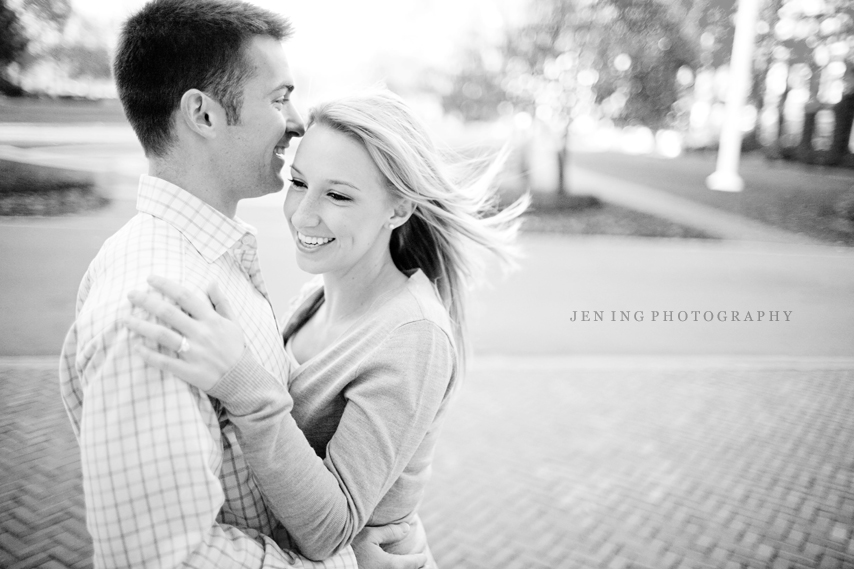 Fall Harvard Square engagement session in Cambridge, MA - couple with wind in girl's hair