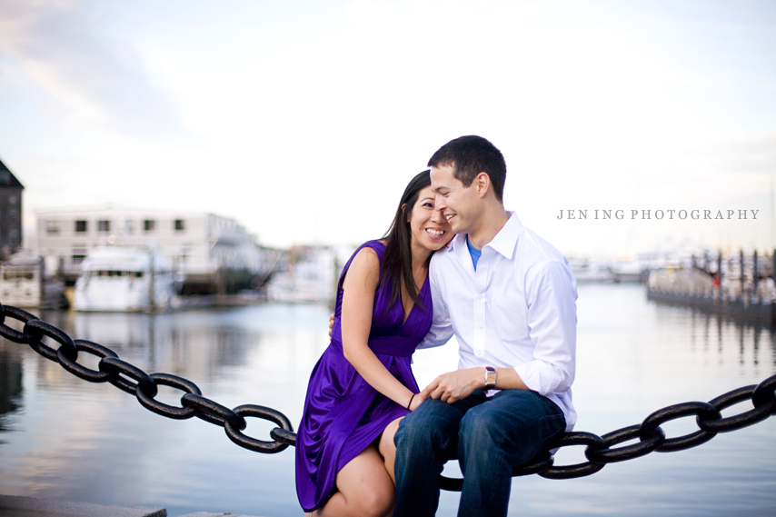 Boston wharf engagement session - couple on rope