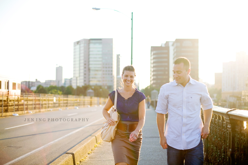 Boston esplanade engagement session - couple walking across bridge