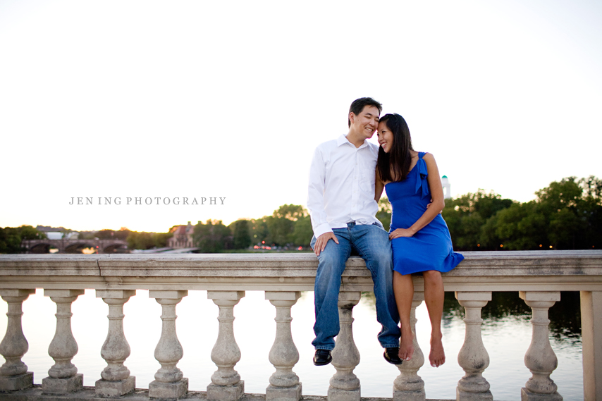 Charles river engagement session in Cambridge, MA - couple on bridge