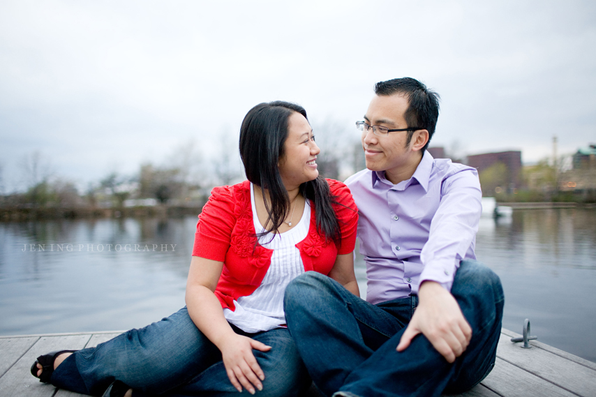 Esplanade dock engagement shoot in Boston, MA - couple sitting