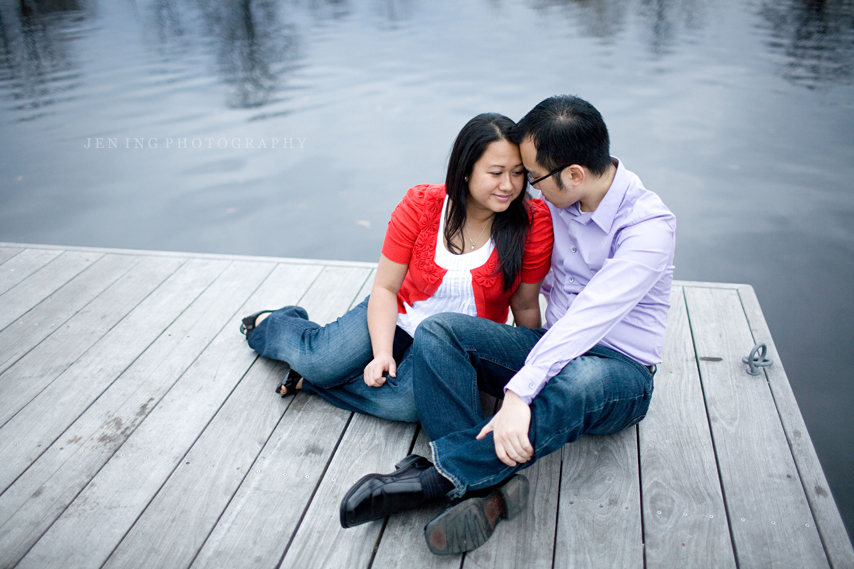 Boston engagement session on the Esplanade - couple on dock