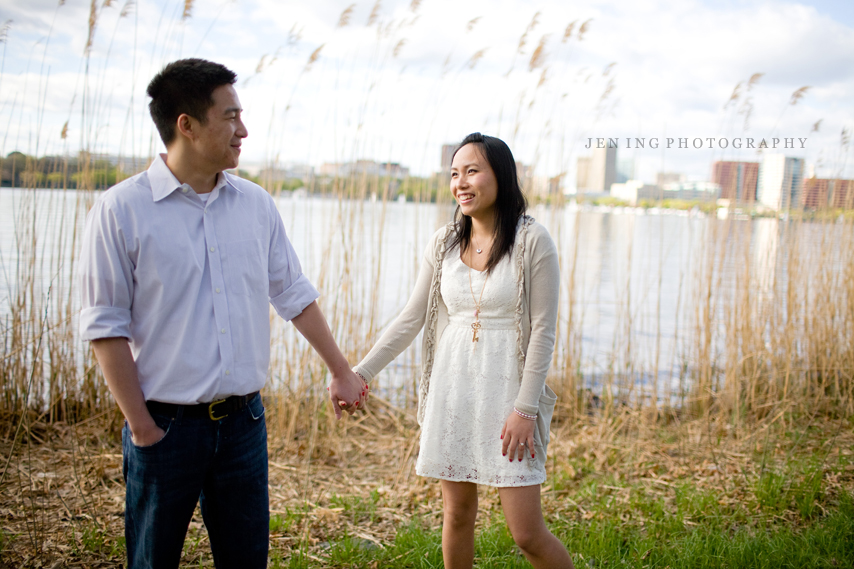Charles River engagement session in Boston, MA - couple along water