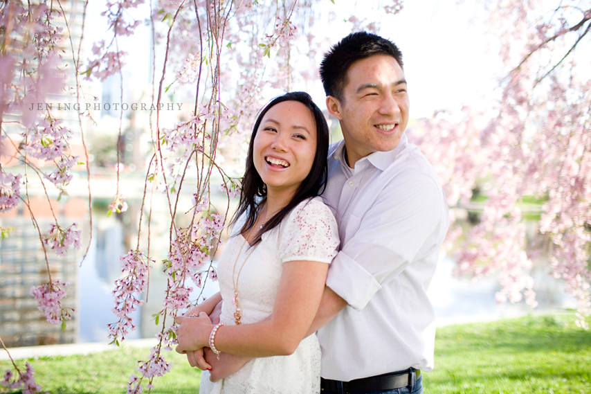Boston engagement session along the Esplanade - couple under flowering tree
