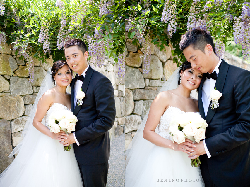 Boston wedding at Arnold Arboretum - bride and groom under wisteria vine