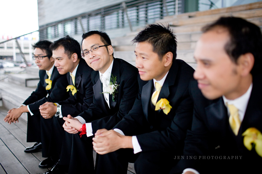 Boston ICA wedding photography - groom and groomsmen on stairs