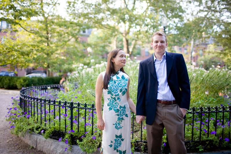 Boston engagement portraits - couple in garden
