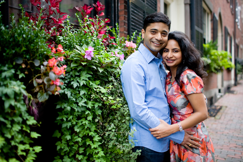 Beacon Hill engagement session - couple against flowers