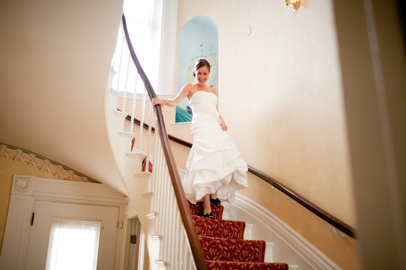 Boston wedding at the Commandant's House - bride walking down stairs