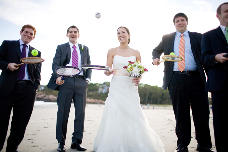 tennis club wedding in new england - bride and groom with teammates