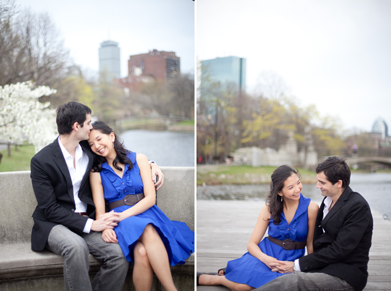 Boston esplanade engagement session - couple smiling on dock