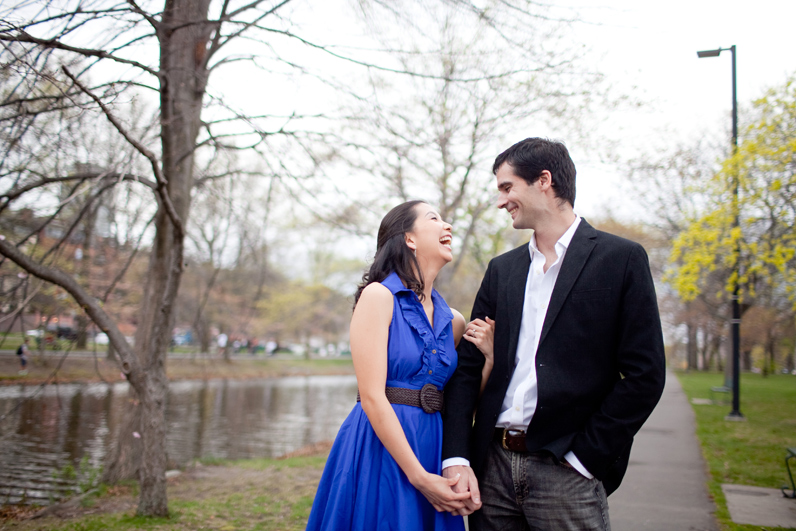 boston esplanade engagement - couple laughing