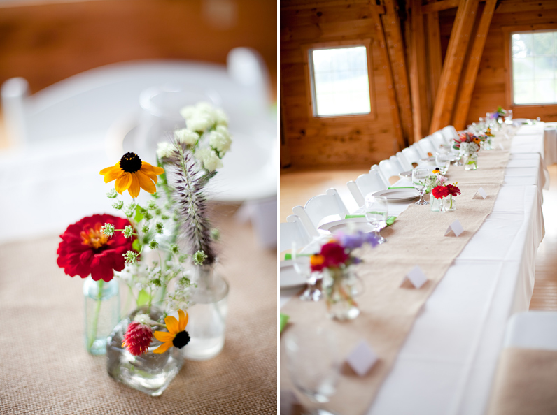 handmade floral centerpieces and table runners - Barn wedding