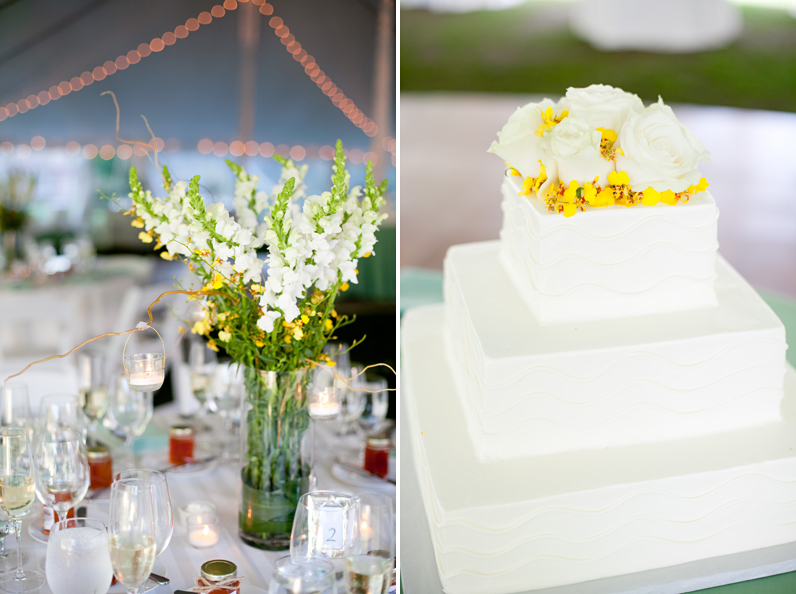 flowers and cake at moraine farm wedding