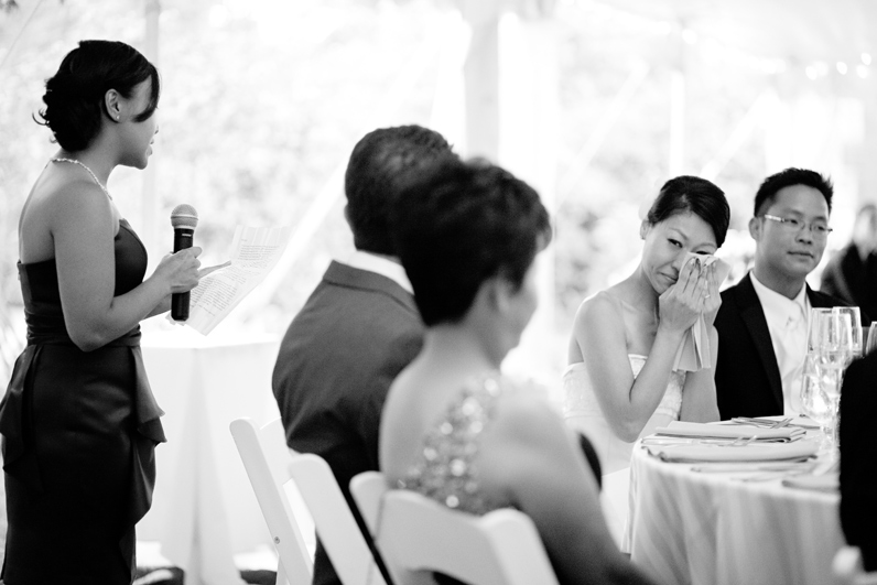 bridesmaid speech and teary bride at moraine farm wedding