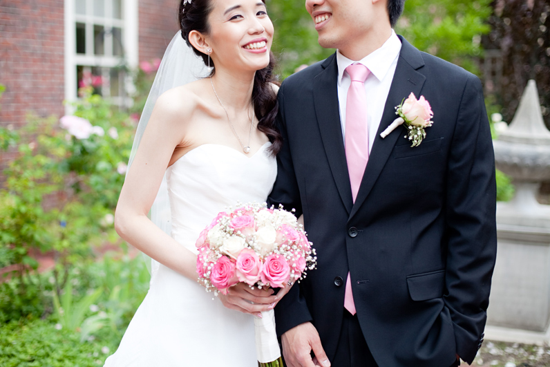 bride and groom portrait in cambridge, ma - pink details