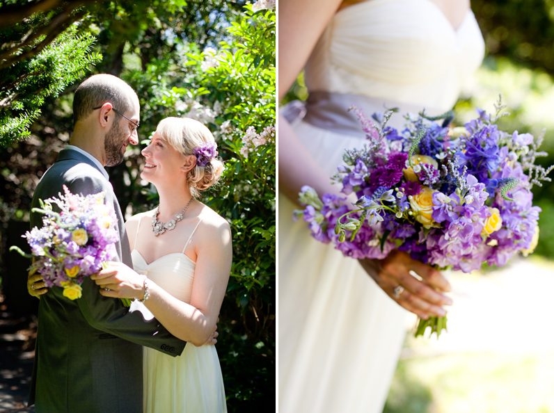 garden wedding in boston - bride and groom and bouquet