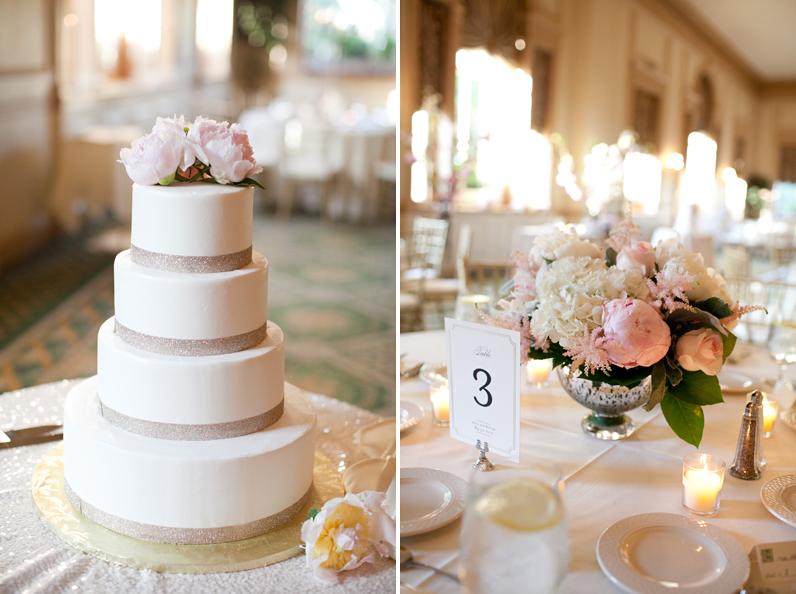 pink and gold wedding cake and flowers at hawthorne hotel