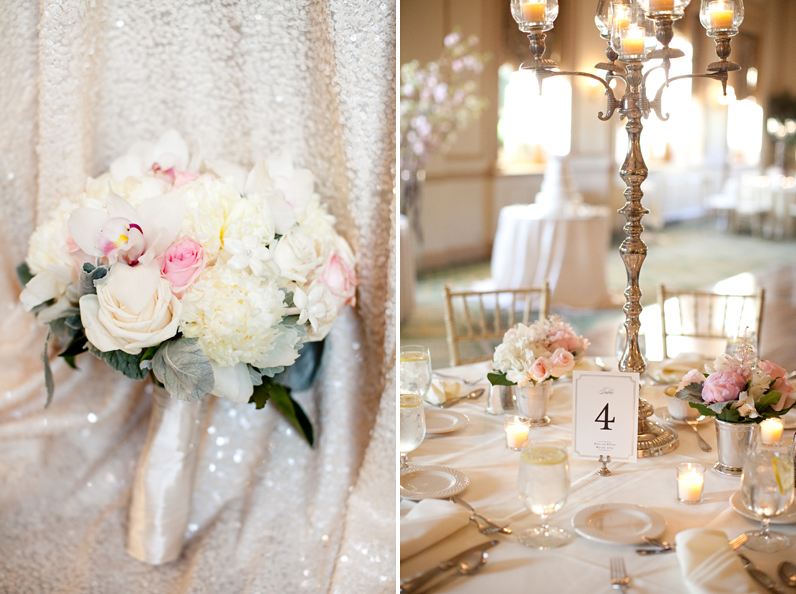 pink flowers and gold sequin wedding 