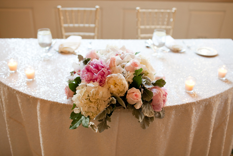 champagne sequin linens and pink florals