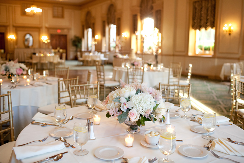 elegant pink and gold wedding centerpieces at the hawthorne hotel
