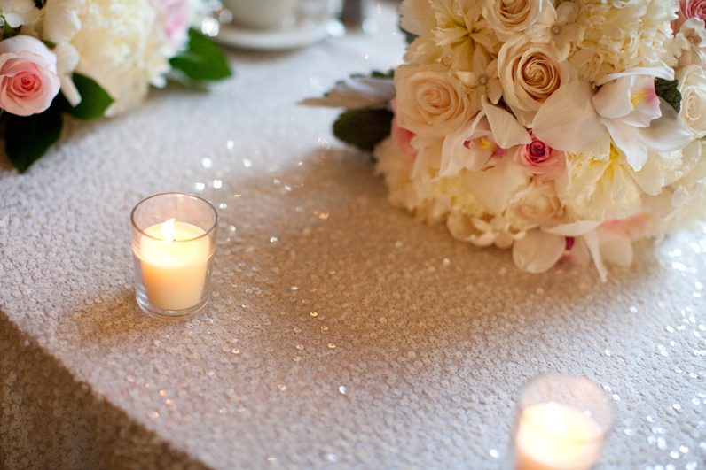 sequin table linens and romantic candles