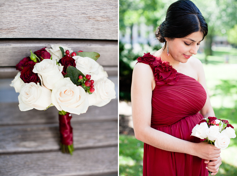 red bridesmaid and bouquet